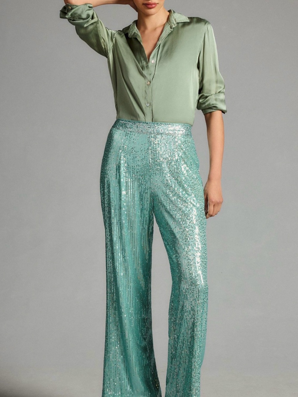 Ranna Gill Mint Green Sequin Wide-Leg Pants